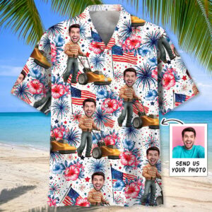 Sportswearmerch American Man Moving Lawn Mower Custom Face Hawaiian Shirt For Fan