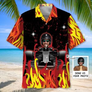 Sportswearmerch Flames F1 Racing Custom Face Hawaiian Shirt For Fan
