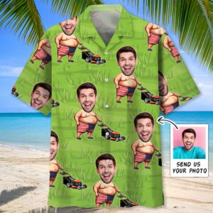 Sportswearmerch Funny American Man Lawn Mower Custom Face Hawaiian Shirt For Fan