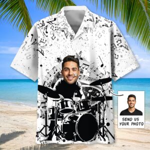 Sportswearmerch Funny Drum Black White Custom Photo Hawaiian Shirt For Fan