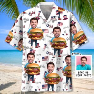 Sportswearmerch Funny Hamburger Man Custom Face Hawaiian Shirt For Fan