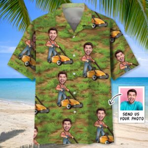 Sportswearmerch Funny Man Pushing Lawn Mower Custom Face Hawaiian Shirt For Fan
