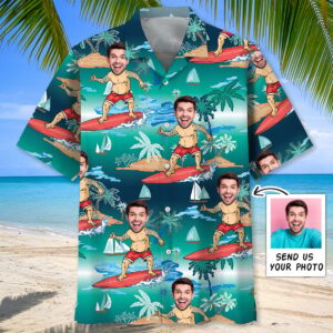 Sportswearmerch Funny Surfing Old Man Custom Photo Hawaiian Shirt For Fan