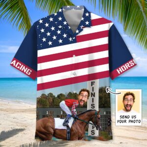 Sportswearmerch Horse Racing Alone At The Finish Custom Face Hawaiian Shirt For Fan