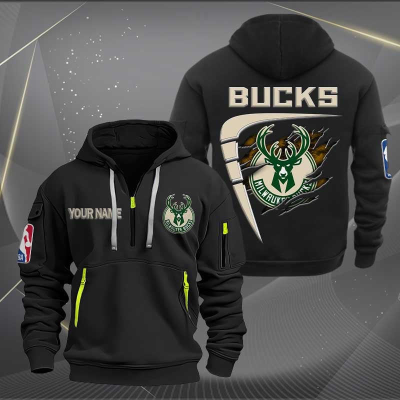 Sportswearmerch Milwaukee Bucks NBA Personalized Half Zip Hoodie For Fan