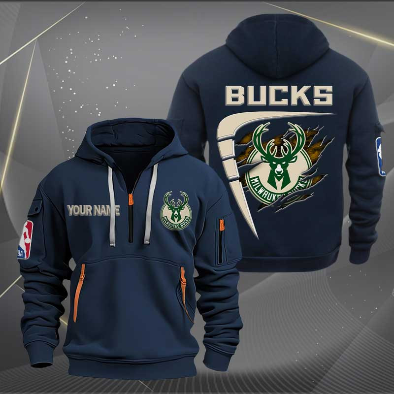 Sportswearmerch Milwaukee Bucks NBA Personalized Half Zip Hoodie For Fan