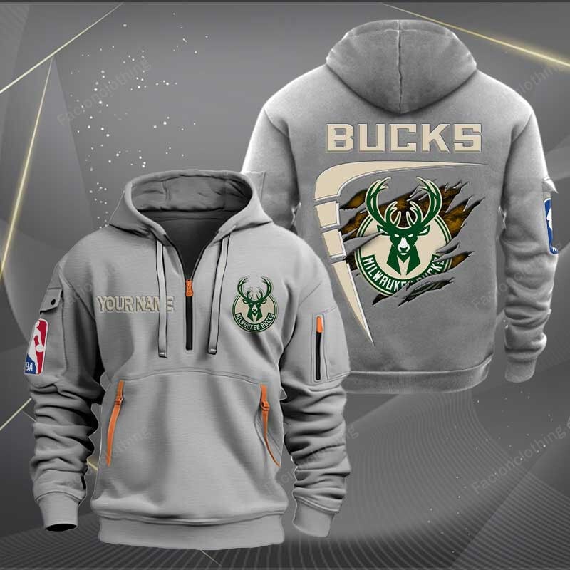 Sportswearmerch Milwaukee Bucks NBA Personalized Half Zip Hoodie For Fan