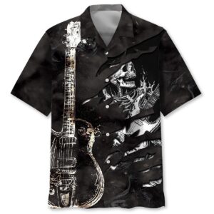 Sportswearmerch Skull Guitar Black And White Hawaiian Shirt For Fan