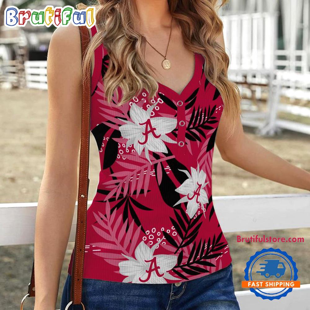 Sportswearmerch Alabama Crimson Tide NCAA Hibiscus Pattern Women's V-Neck Ribbed Tank Top For Fan