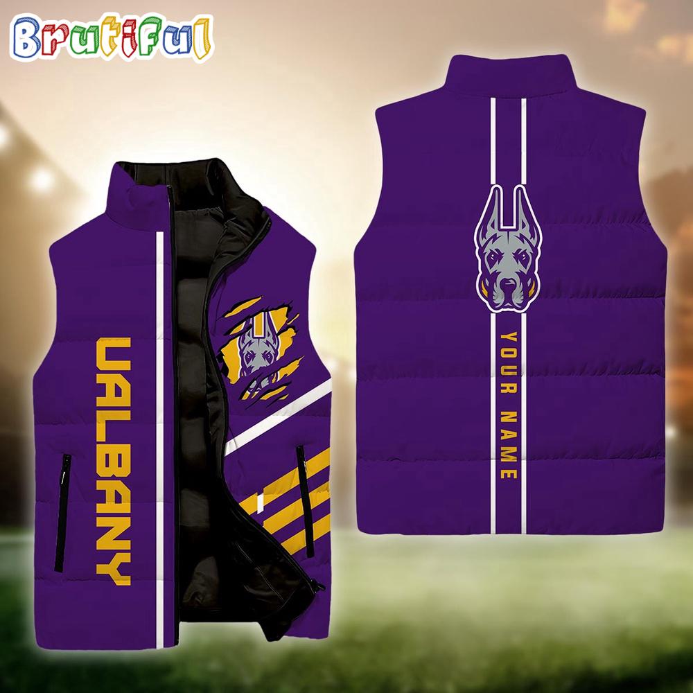 Sportswearmerch Albany Great Danes NCAA Personalized Sleeveless Down Puffer Jacket For Fan