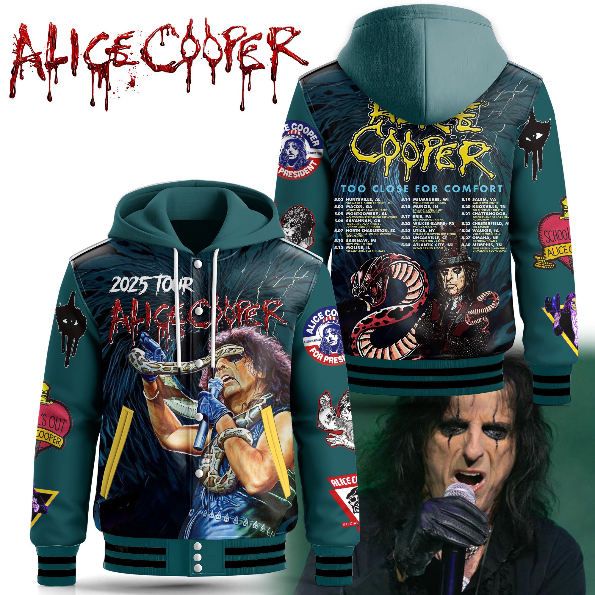 Sportswearmerch  Alice Cooper Hooded Baseball Jacket Gift For Fan