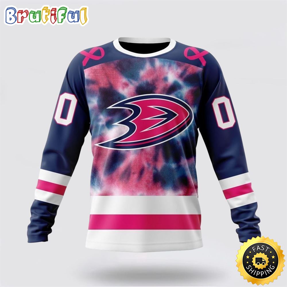 Sportswearmerch Anaheim Ducks NHL Crewneck Pink October Fight Breast Cancer Personalized Sweater For Fan
