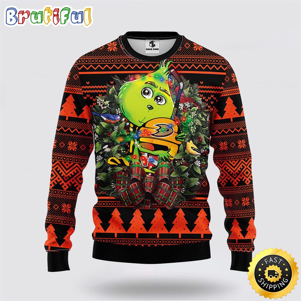 Sportswearmerch Anaheim Ducks NHL Grinch Hug Ugly Christmas Sweater For Fan