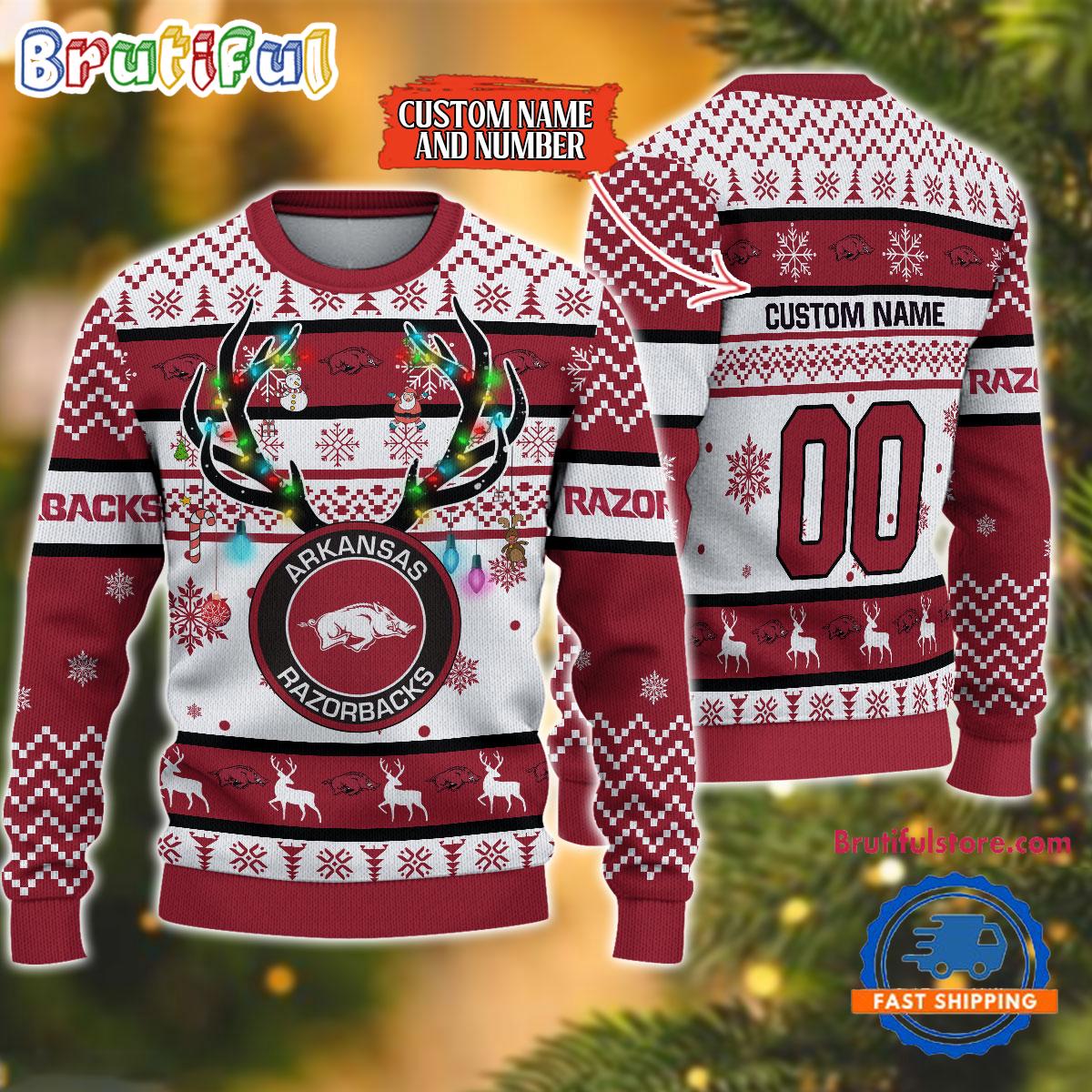 Sportswearmerch Arkansas Razorbacks NCAA Special Reindeer Light Personalized Christmas Sweater For Fan