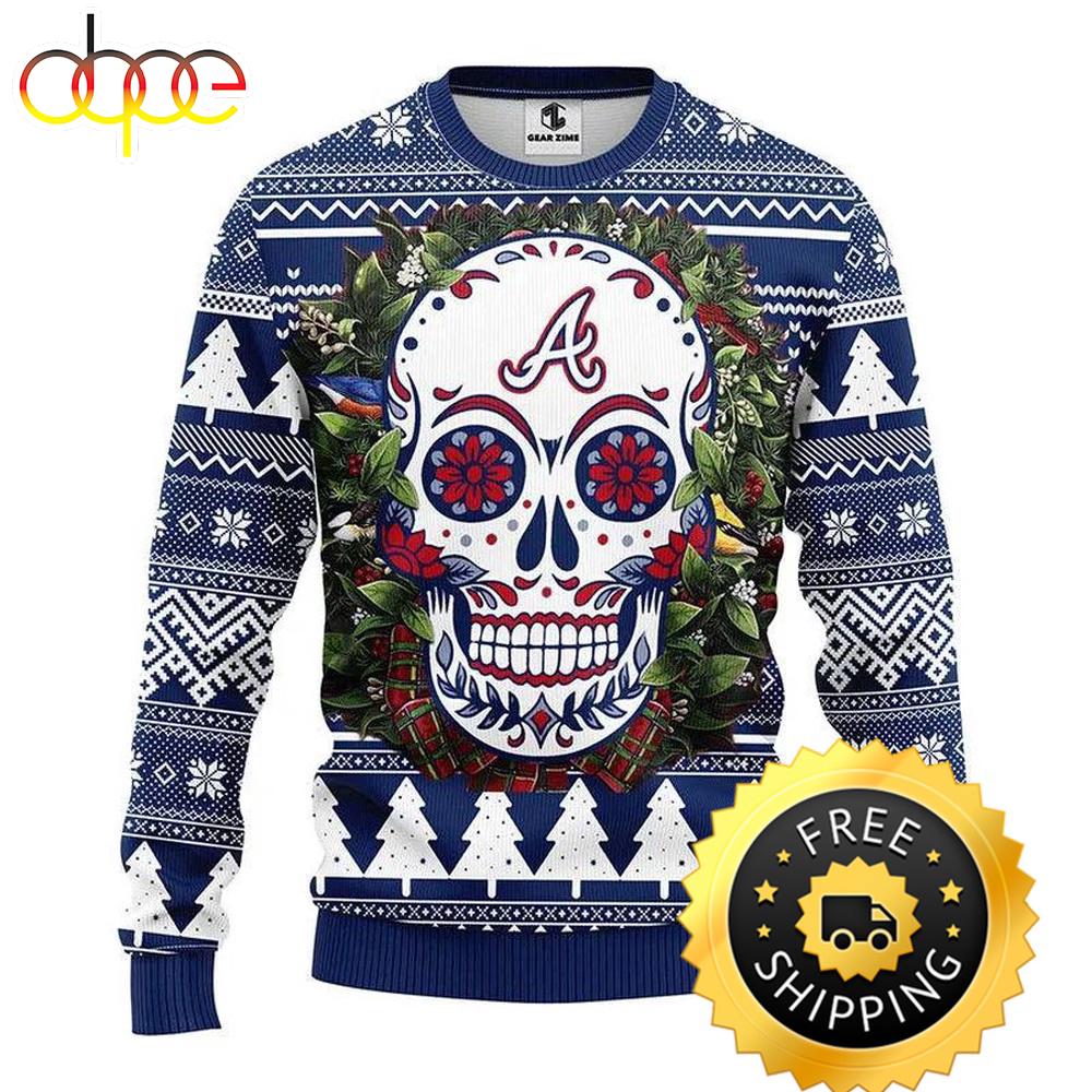 Sportswearmerch Atlanta Braves MLB x Skull Flower Ugly Christmas Sweater For Fan