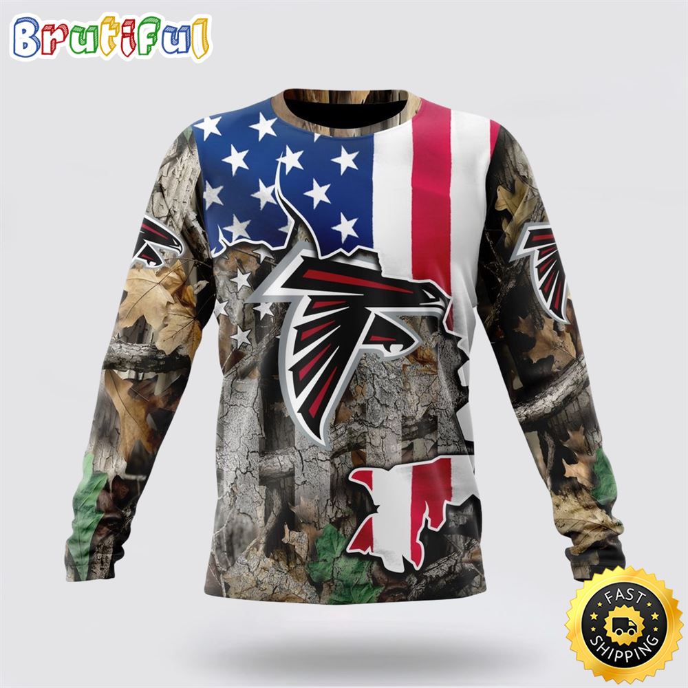 Sportswearmerch Atlanta Falcons NFL Crewneck USA Flag Camo Realtree Hunting Personalized Sweater For Fan