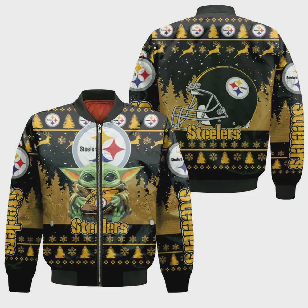 Sportswearmerch Baby Yoda Hugs Pittsburgh Steelers NFL Christmas Personalized Bomber Jacket For Fan