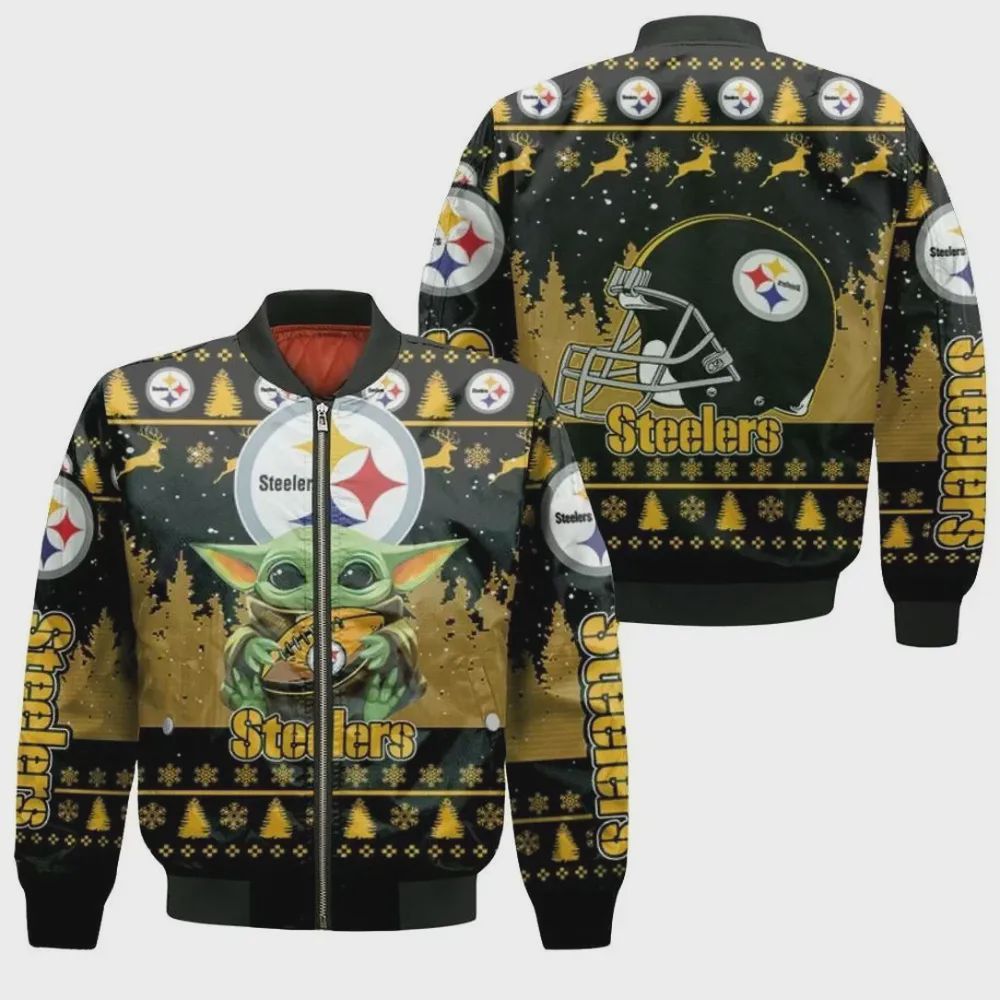 Sportswearmerch Baby Yoda Hugs Pittsburgh Steelers NFL Rugby Ball Bomber Jacket For Fan