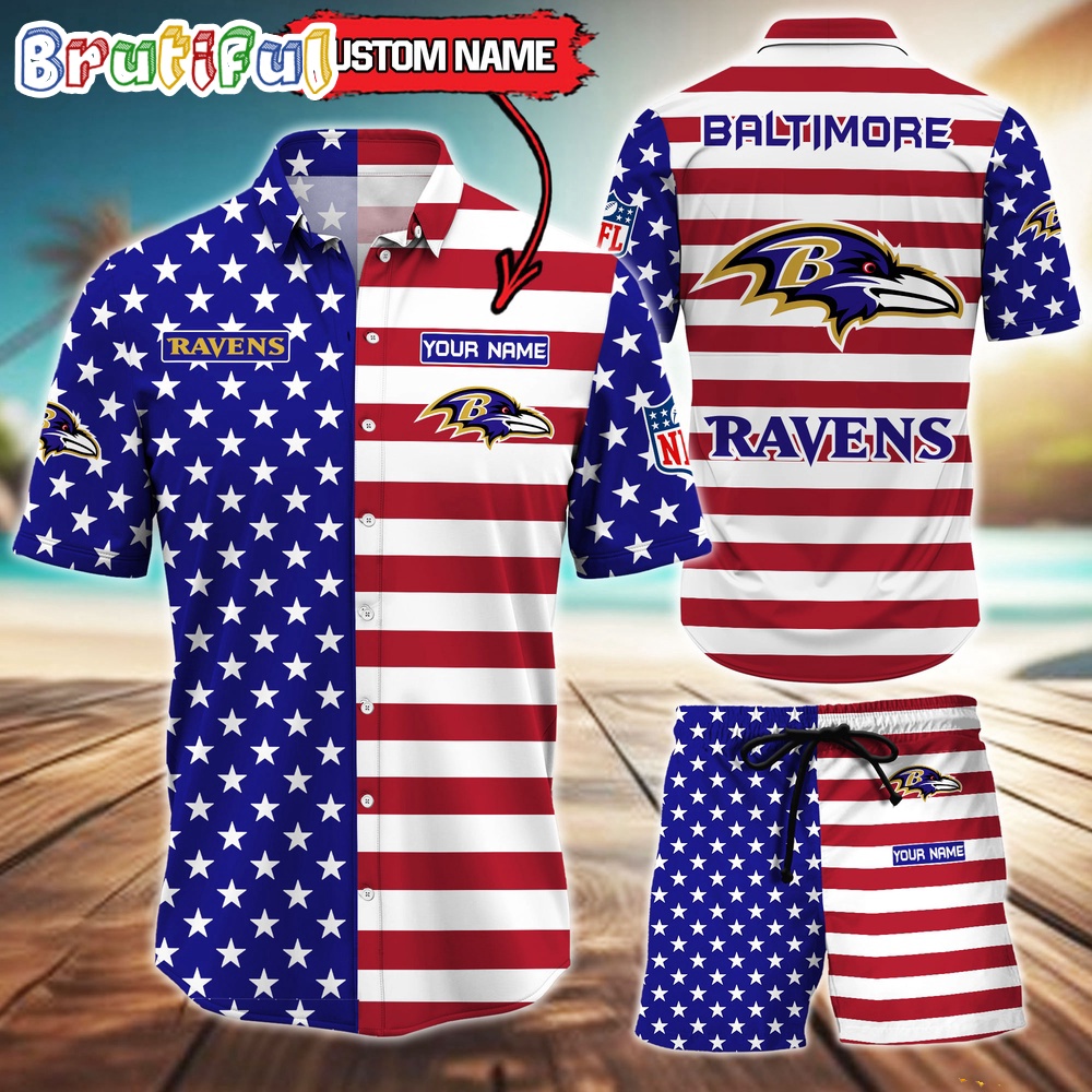 Sportswearmerch Baltimore Ravens NFL American Flag Personalized Set Short Set For Fan