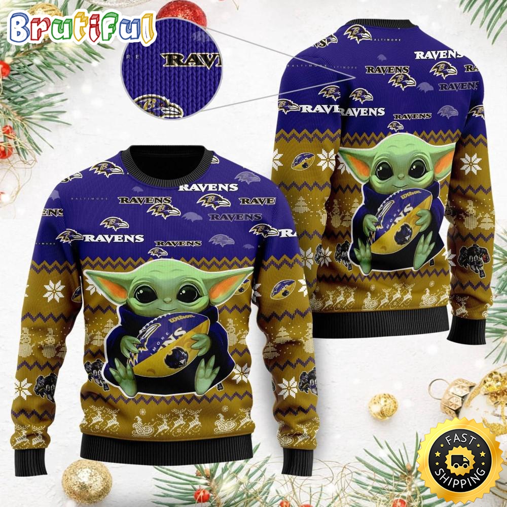 Sportswearmerch Baltimore Ravens NFL Baby Yoda Personalized Christmas Sweater For Fan