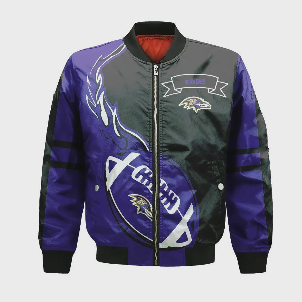 Sportswearmerch Baltimore Ravens NFL Bomber Jacket Flame Ball Pattern For Fan