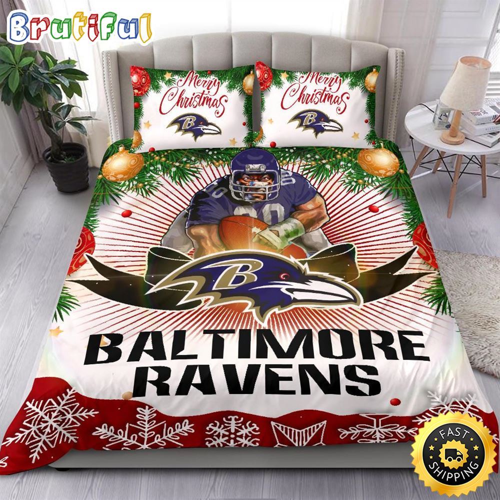 Sportswearmerch Baltimore Ravens NFL Christmas Bedding Sets Merry For Fan