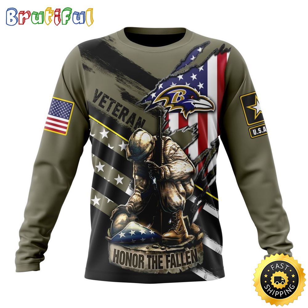 Sportswearmerch Baltimore Ravens NFL Crewneck Honor Veterans Kneeling Soldier Personalized Sweater For Fan
