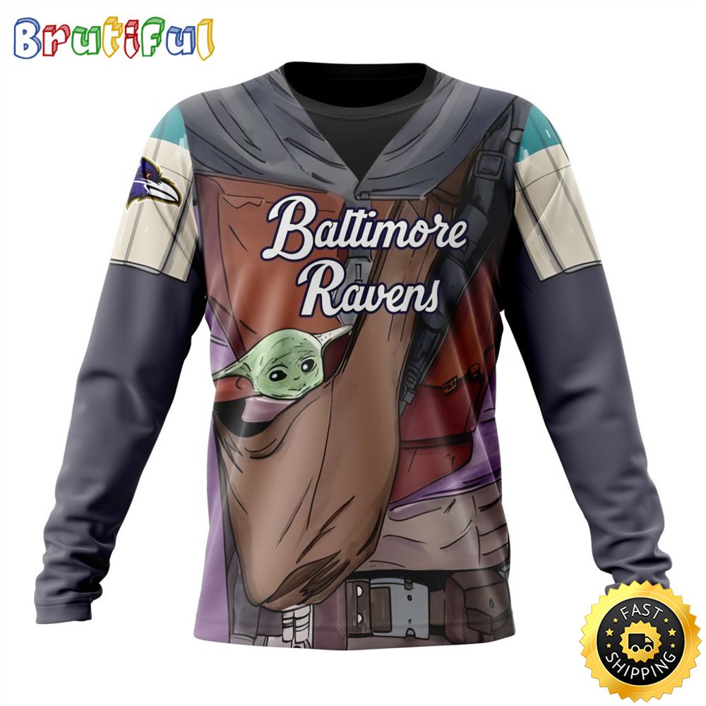 Sportswearmerch Baltimore Ravens NFL Crewneck Mandalorian And Baby Yoda Personalized Sweater For Fan