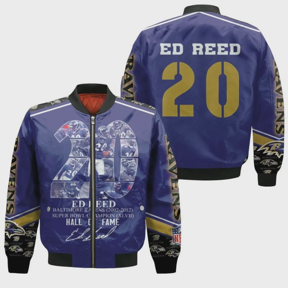 Sportswearmerch Baltimore Ravens NFL Ed Reed Personalized Bomber Jacket For Fan