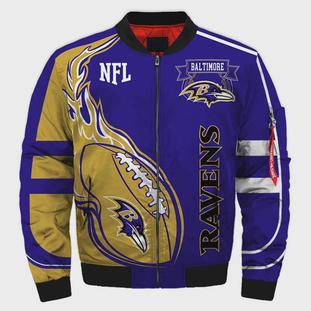 Sportswearmerch Baltimore Ravens NFL Fire Ball Pattern Bomber Jacket For Fan