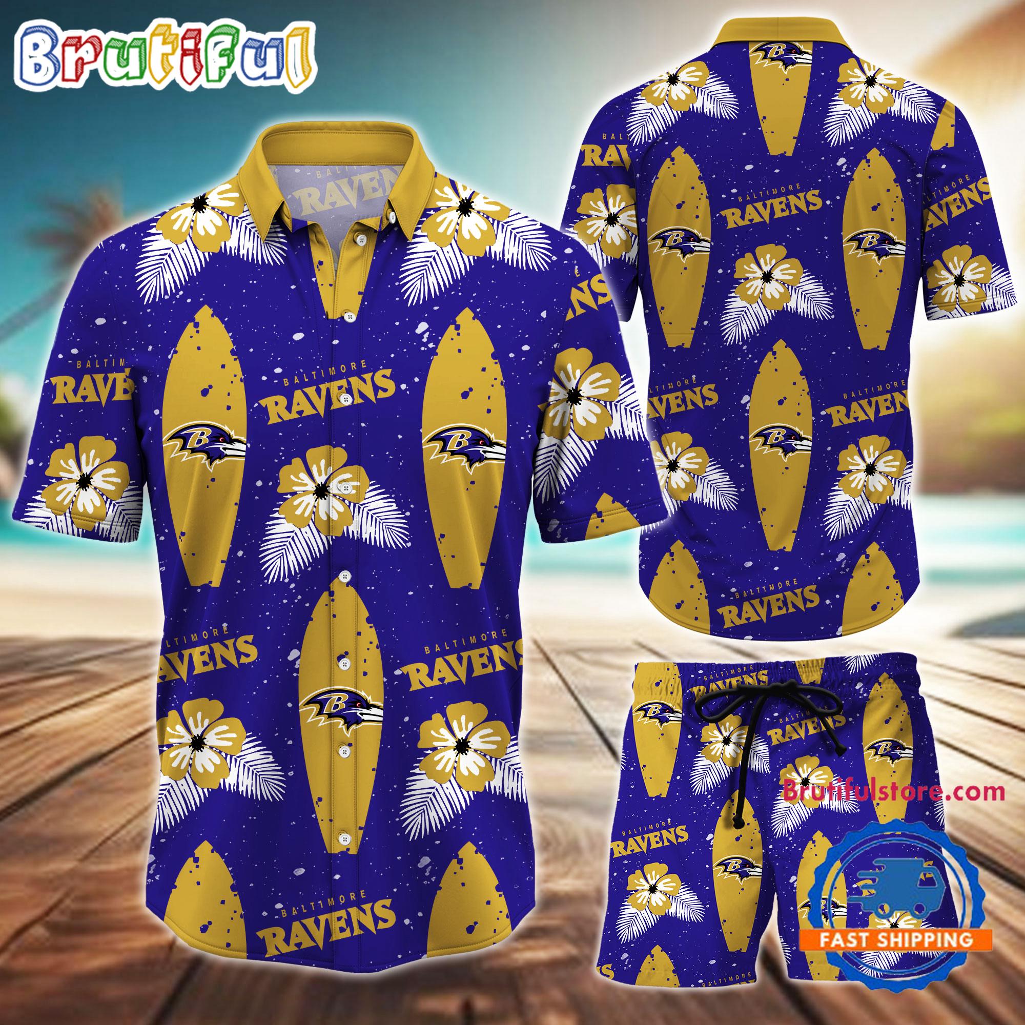 Sportswearmerch Baltimore Ravens NFL Flower Pattern Personalized Set Short Set For Fan