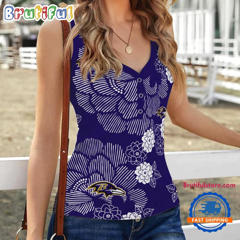 Sportswearmerch Baltimore Ravens NFL Flower Pattern Women's V-Neck Ribbed Tank Top For Fan