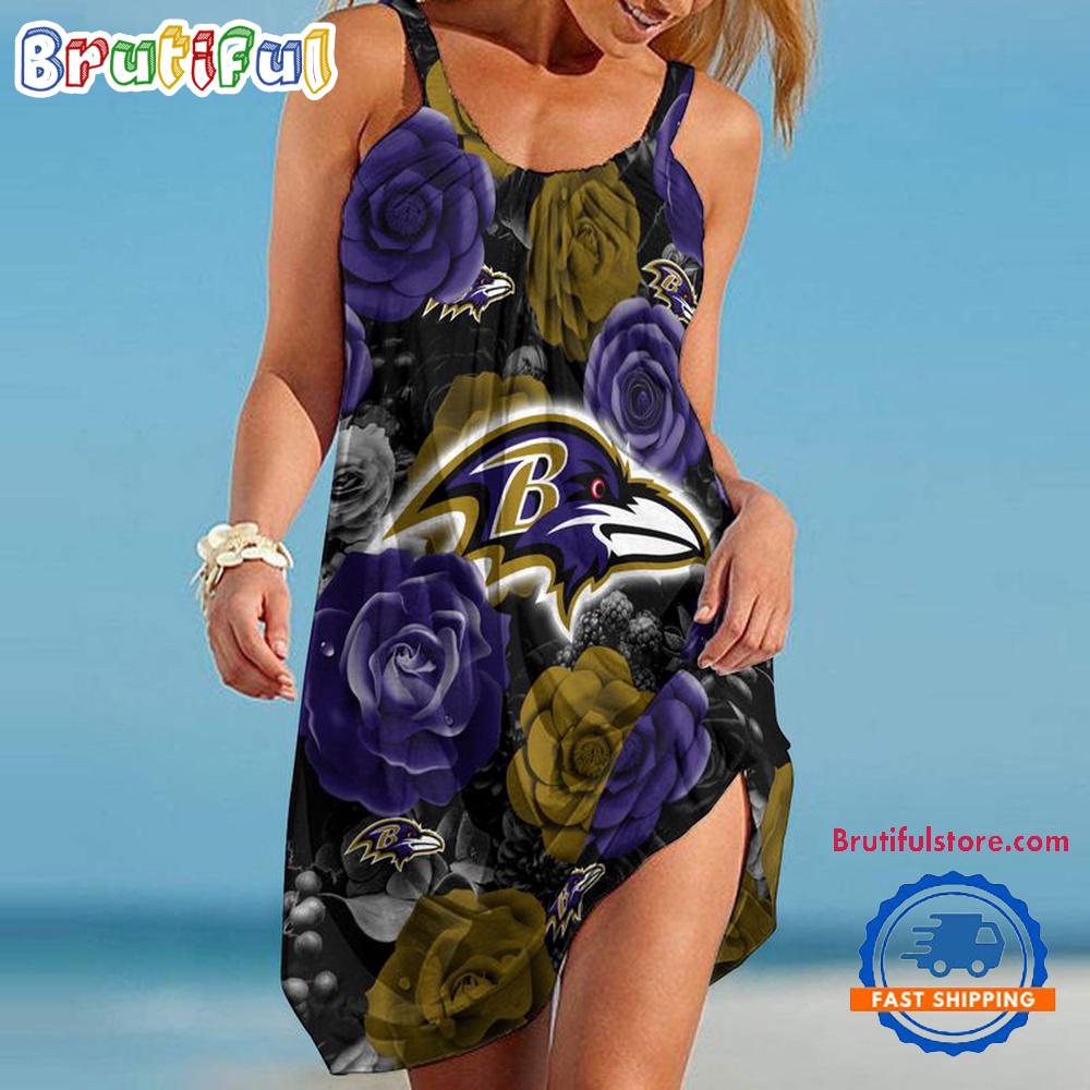 Sportswearmerch Baltimore Ravens NFL Flower Women’s Summer Beach Dress For Fan
