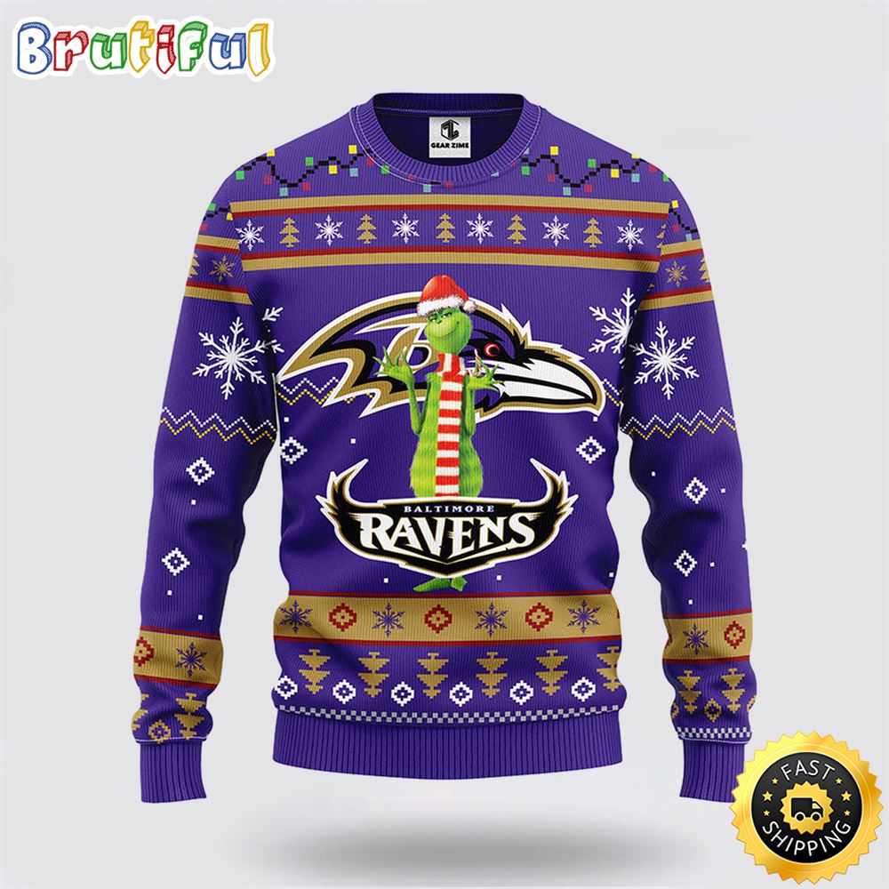Sportswearmerch Baltimore Ravens NFL Funny Grinch Ugly Christmas Sweater For Fan