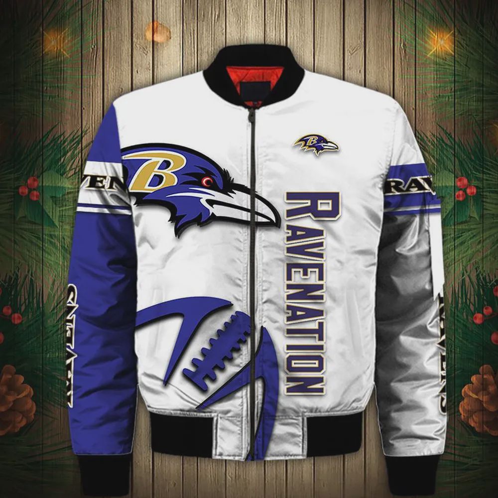 Sportswearmerch Baltimore Ravens NFL Graphic Ball Pattern Bomber Jacket For Fan