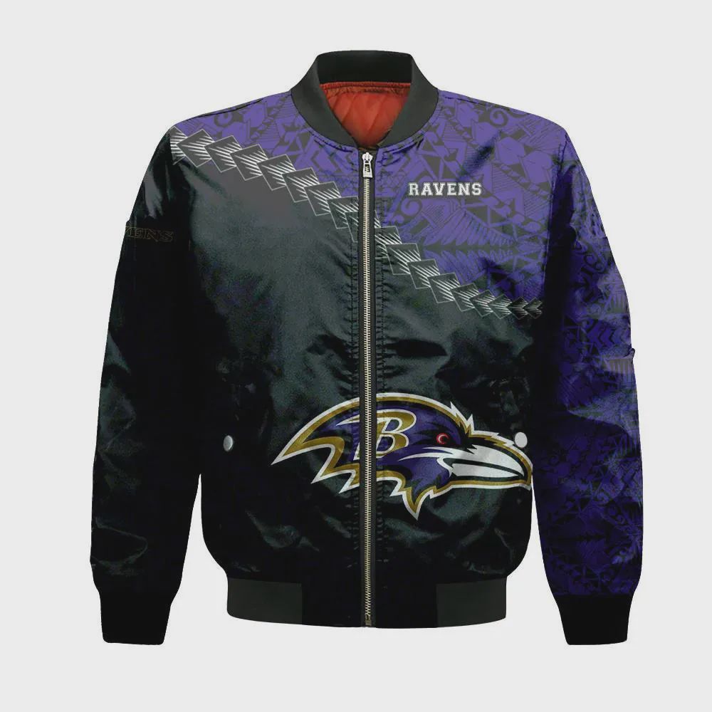 Sportswearmerch Baltimore Ravens NFL Grunge Polynesian Tattoo Bomber Jacket For Fan