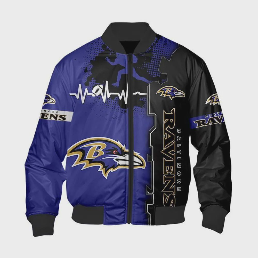 Sportswearmerch Baltimore Ravens NFL Heart ECG Line Pattern Bomber Jacket For Fan