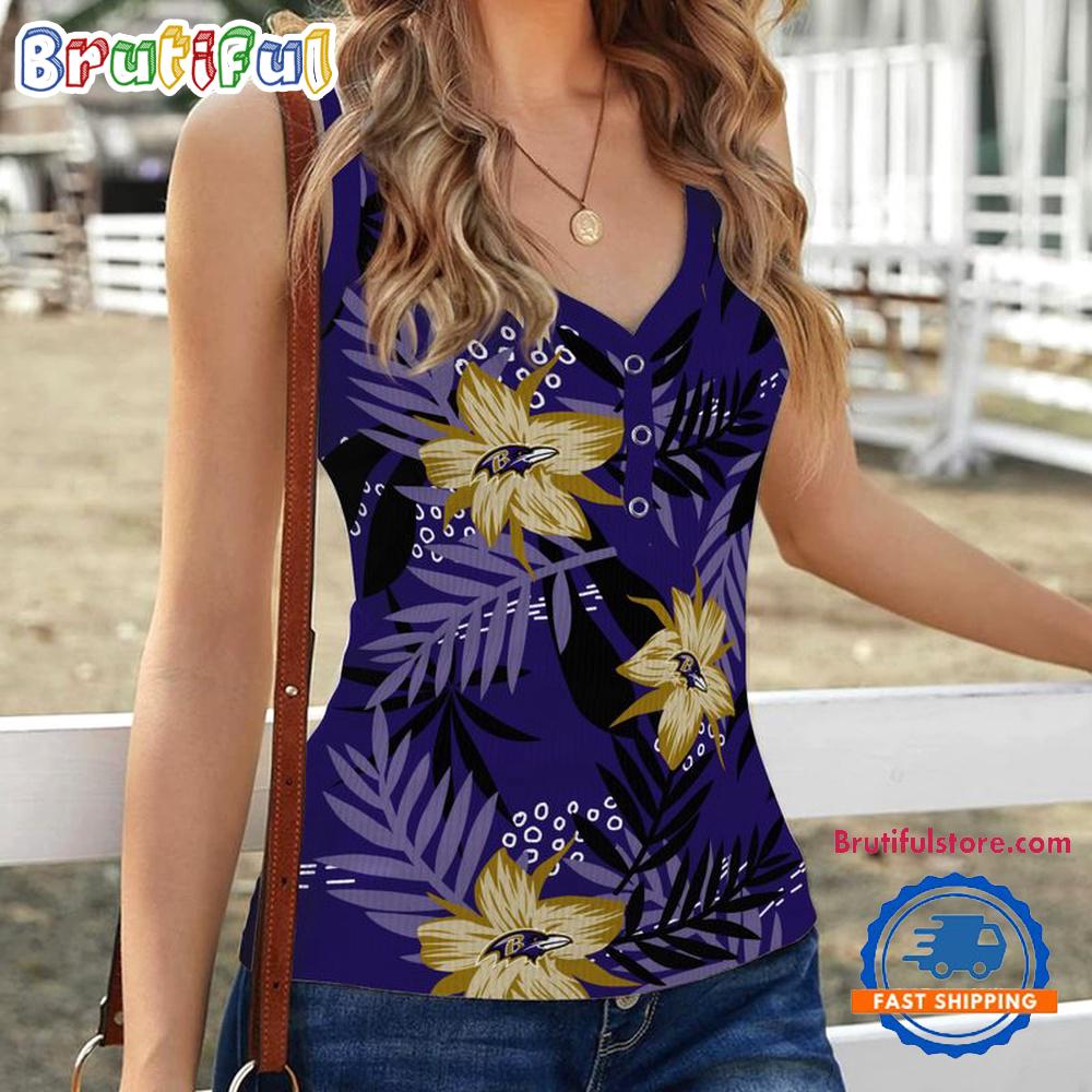 Sportswearmerch Baltimore Ravens NFL Hibiscus Pattern Women's V-Neck Ribbed Tank Top For Fan