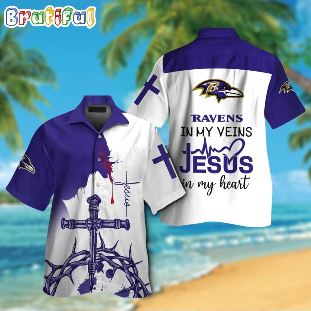 Sportswearmerch Baltimore Ravens NFL In My Veins Jesus Personalized Hawaiian Shirt For Fan