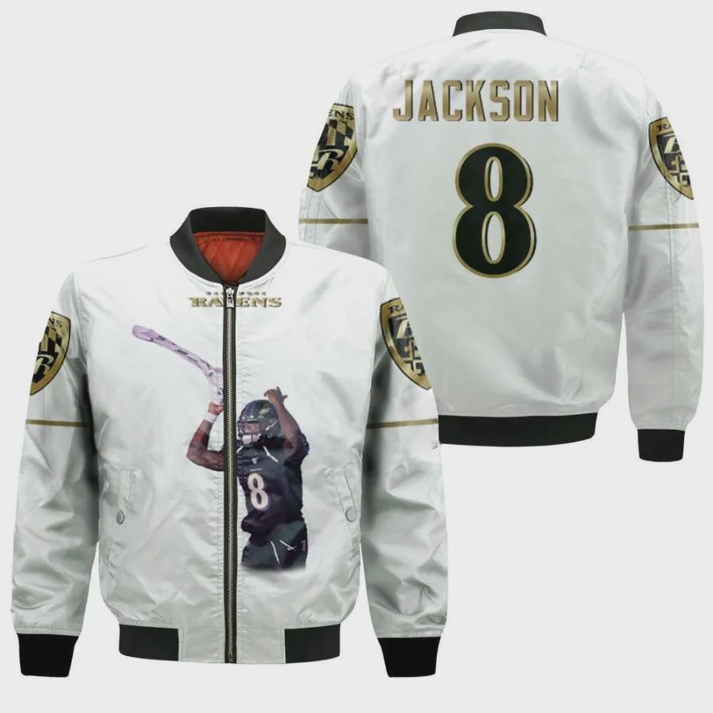 Sportswearmerch Baltimore Ravens NFL Lamar Jackson Pattern Bomber Jacket For Fan