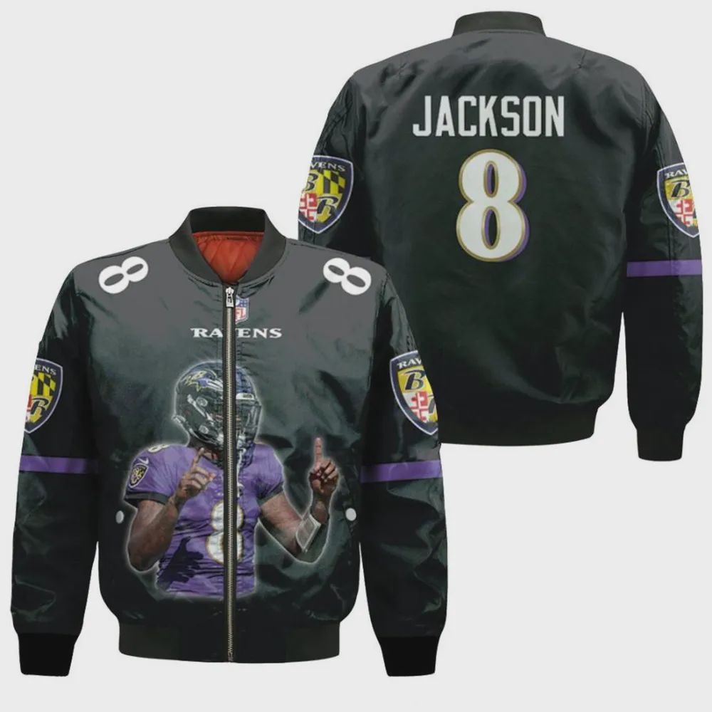 Sportswearmerch Baltimore Ravens NFL Lamar Jackson Pattern Bomber Jacket For Fan