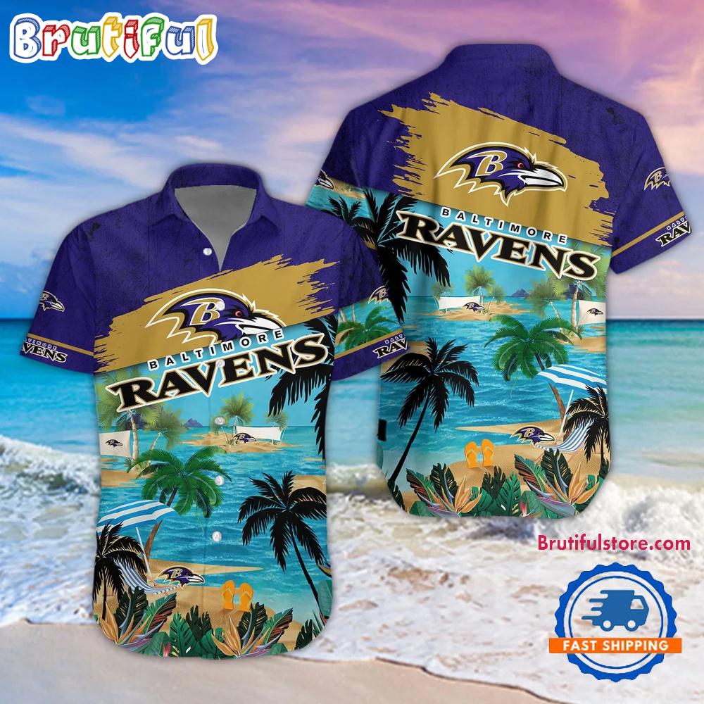 Sportswearmerch Baltimore Ravens NFL Palm Tree Summer Beach Personalized Hawaiian Shirt For Fan
