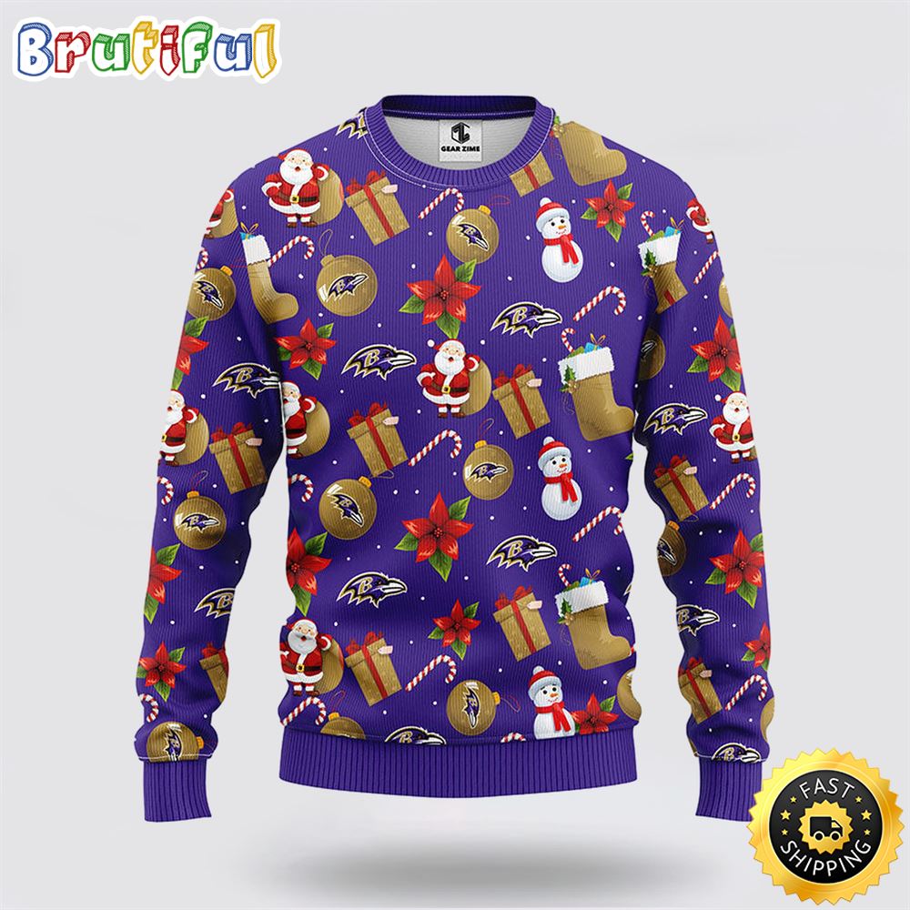 Sportswearmerch Baltimore Ravens NFL Santa Claus Snowman Ugly Christmas Sweater For Fan