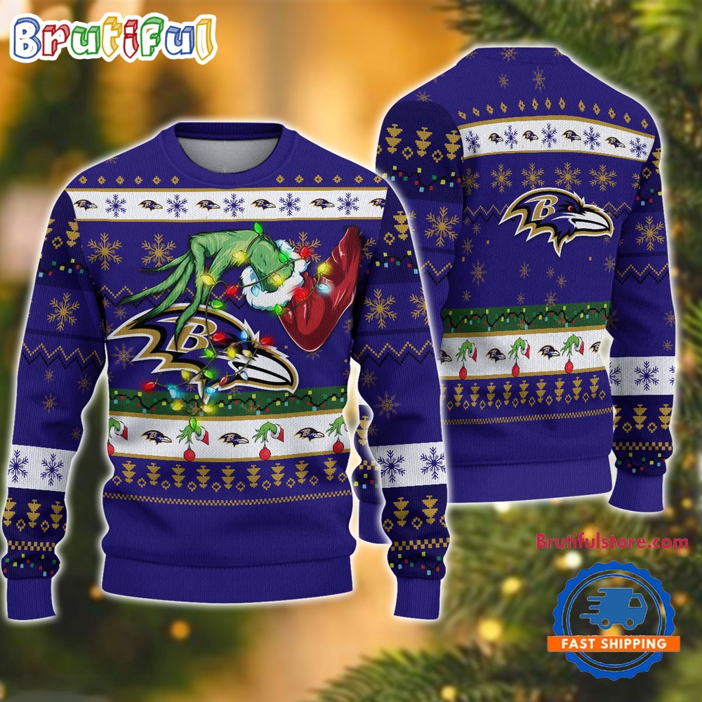 Sportswearmerch Baltimore Ravens NFL Special Grinch's Hand Football Christmas Sweater For Fan