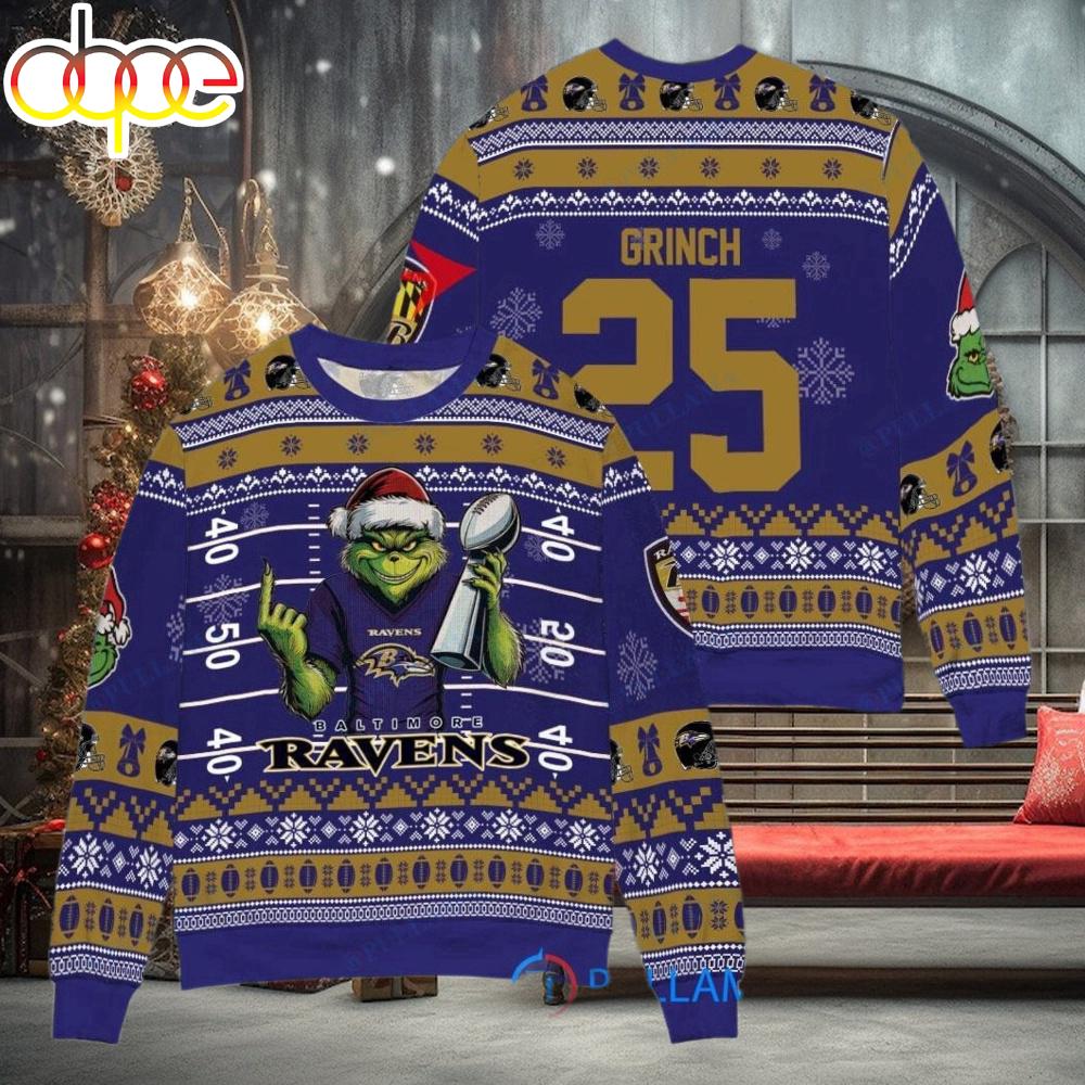 Sportswearmerch Baltimore Ravens NFL x Grinch Super Bowl Trophy Ugly Christmas Sweater For Fan