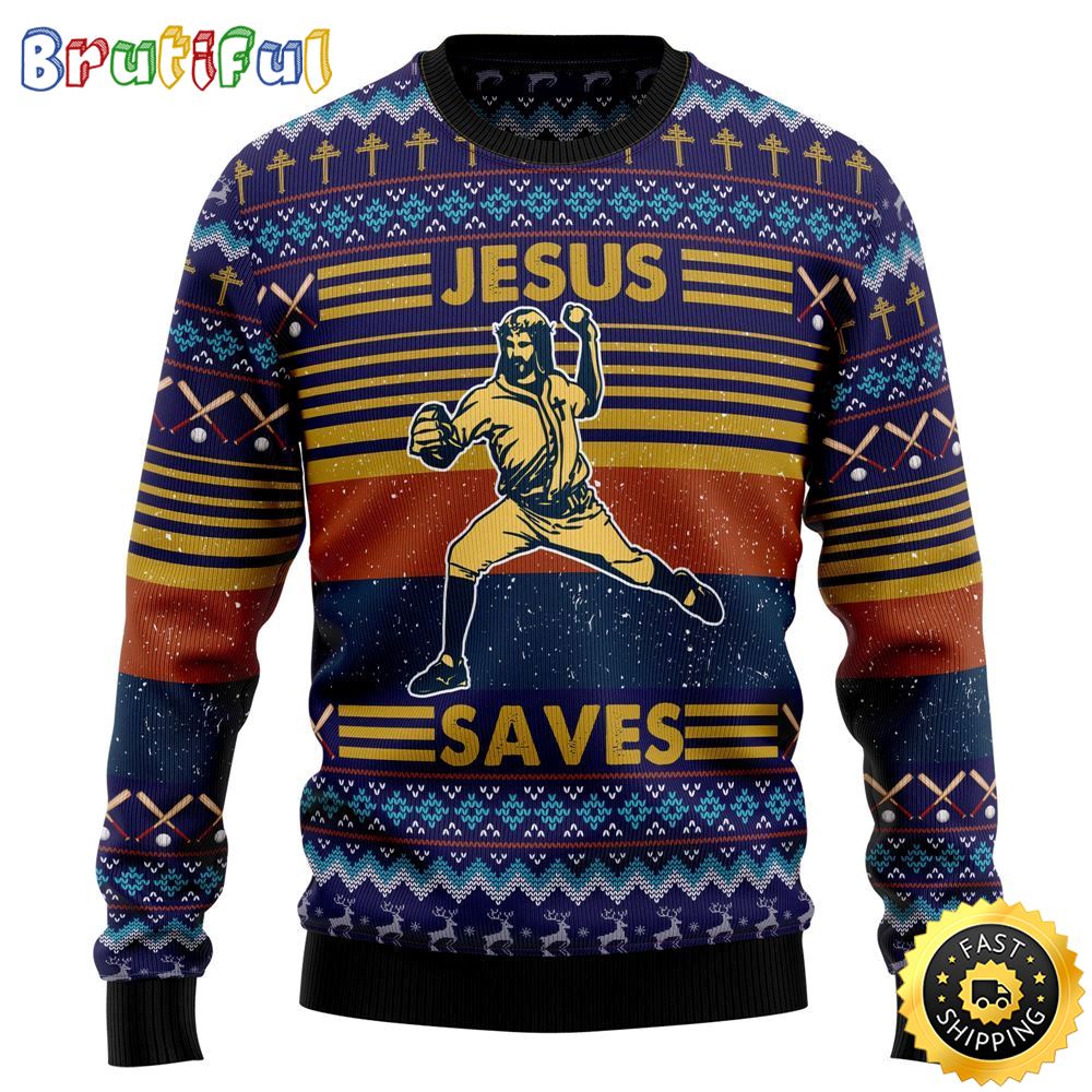 Sportswearmerch Baseball Jesus Save Christmas Sweater For Fan