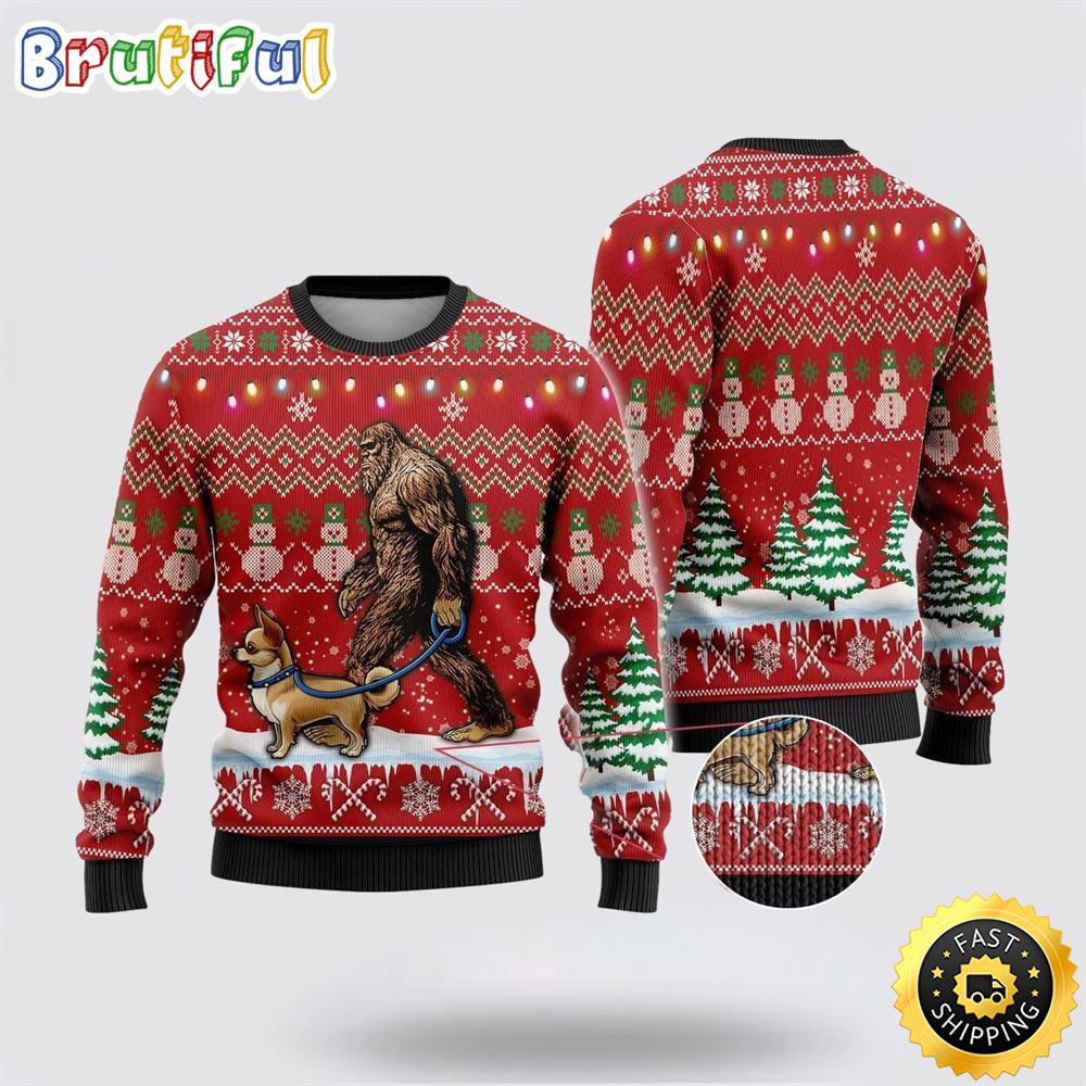 Sportswearmerch Bigfoot Goes To Spend Christmas With Chihuahua Christmas Sweater For Fan