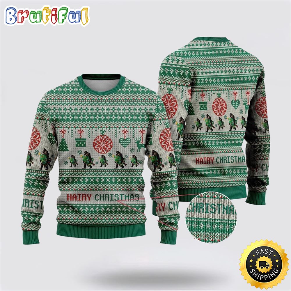 Sportswearmerch Bigfoot Hairy Christmas Green Pattern Christmas Sweater For Fan