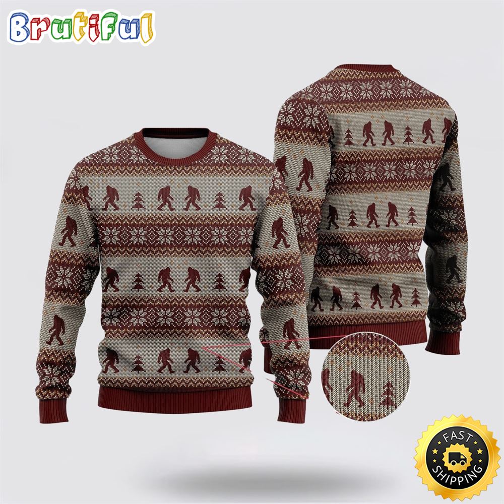Sportswearmerch Bigfoot Red And Gray Pattern Christmas Sweater For Fan