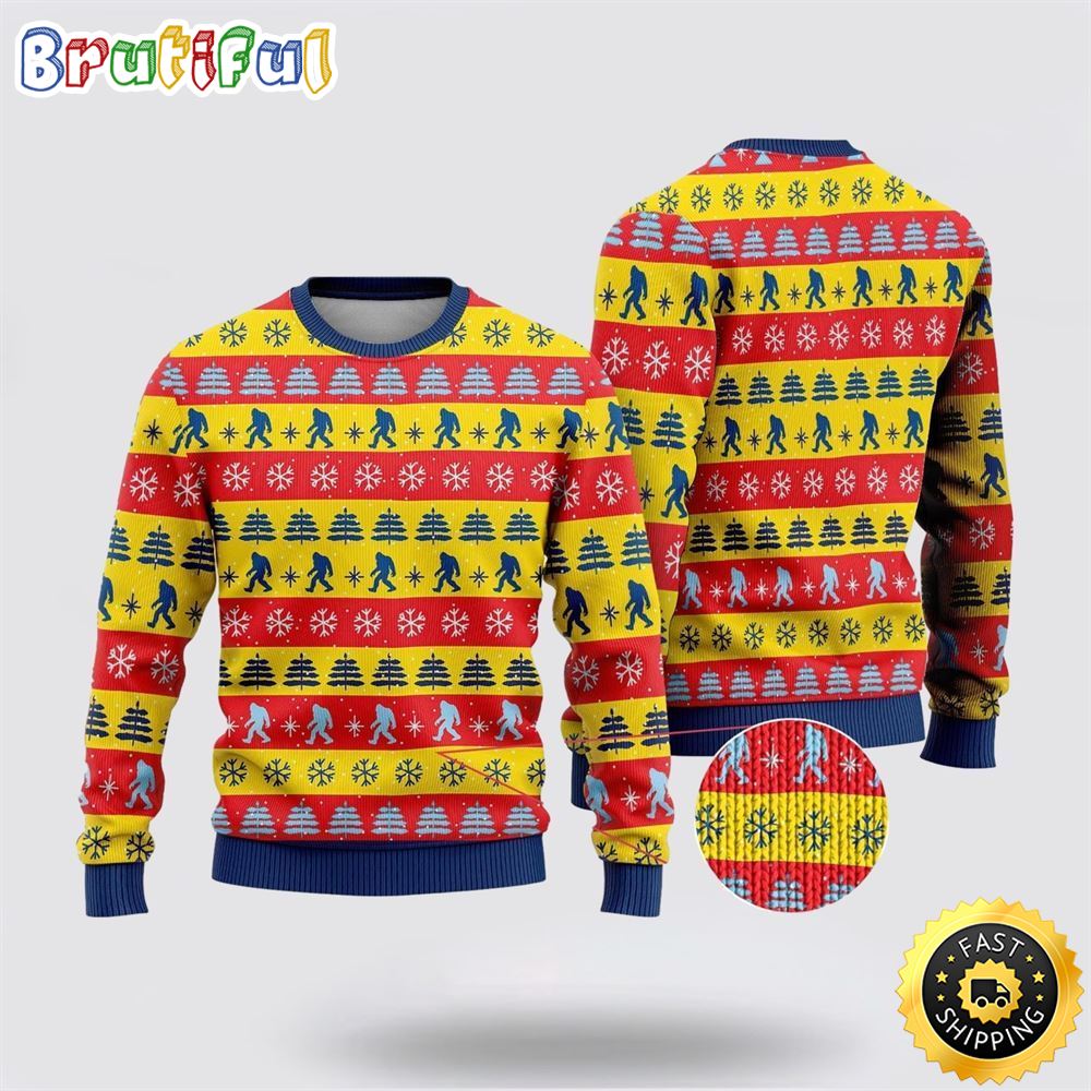 Sportswearmerch Bigfoot Red And Yellow Pattern Christmas Sweater For Fan